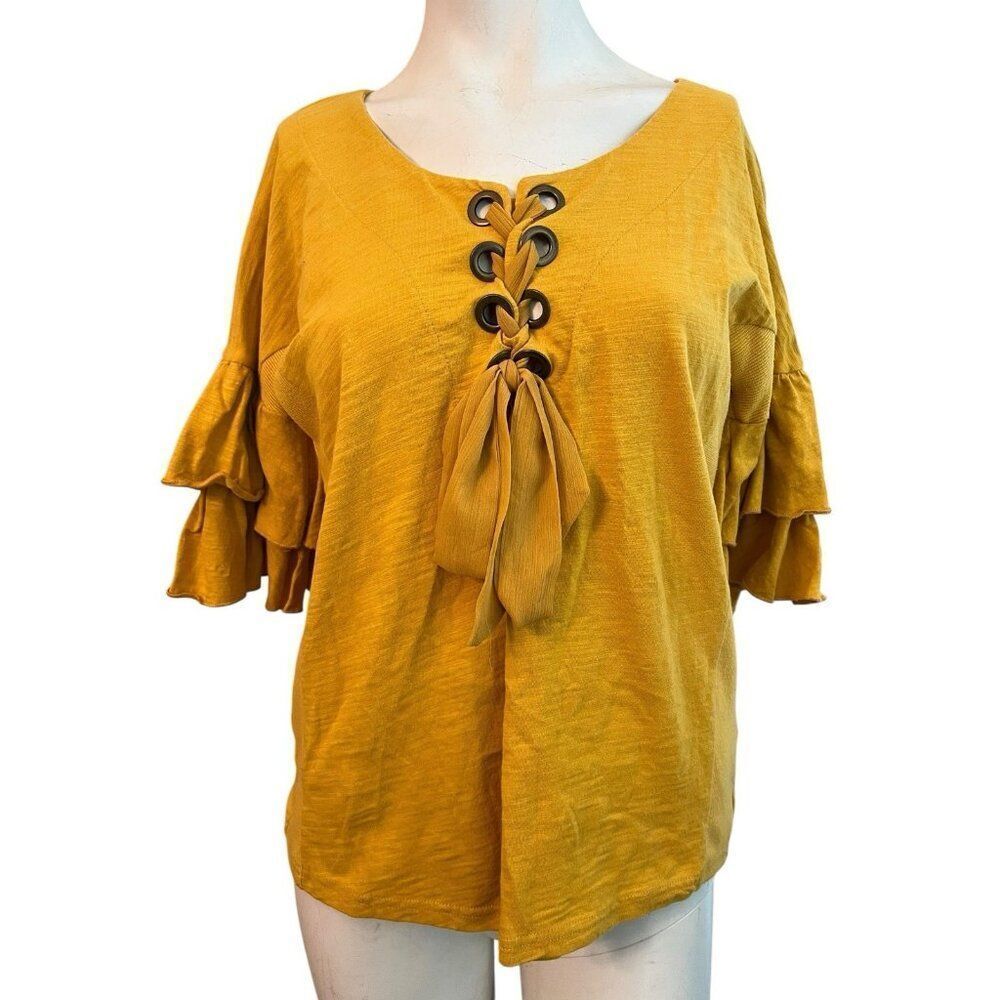Umgee Ladies Small Mustard Yellow Blouse Front Tie 3/4 Ruffled Tiered Sleeves